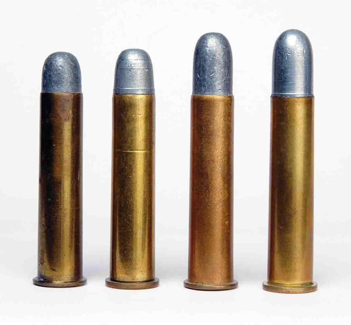 Cartridges shown (left to right) include a late 1800s .45 Government load with a 405-grain bullet, Mike’s duplication using a Lyman No. 457124 bullet, a late 1800s .45 Government with a 500-grain bullet and a duplication load with a Lyman No. 457125 bullet.